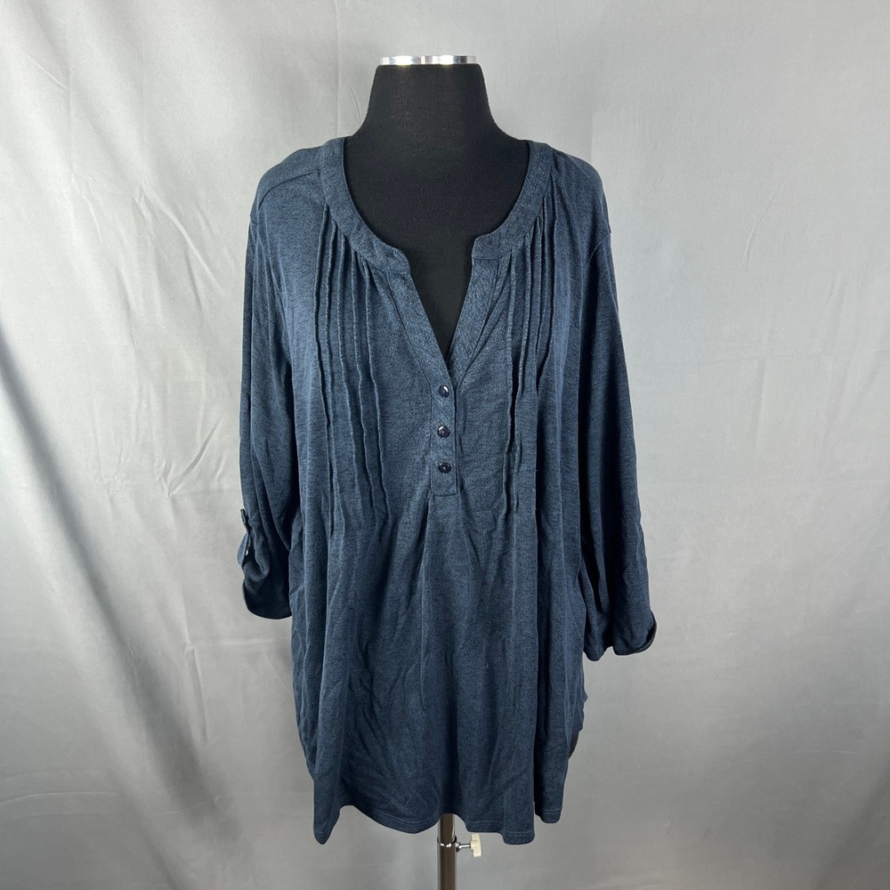 Ny Collection Tunic Top Women 3XL Blue Pintuck Roll Tab Sleeve Split Neck Casual